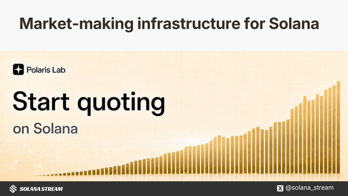 A promotional graphic from Solana Stream announcing "Market-making infrastructure for Solana" with the Polaris Lab logo and tagline "Start quoting on Solana," visually paired with a rising bar chart to symbolize growth in trading activity. The image supports the post's announcement of Polaris Lab's new on-chain market-making infrastructure for the Solana ecosystem.
