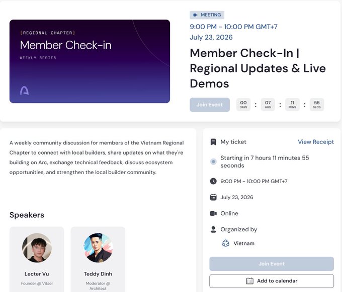 Event page for a 'Member Check-in | Regional Updates & Live Demos' meeting scheduled for July 23, 2026 at 9:00 PM – 10:00 PM GMT+7, organized by the Vietnam Regional Chapter of Arbitrum, featuring speakers Lecter Vu (Founder @ Vitrae) and Teddy Dinh (Moderator @ Architect).
