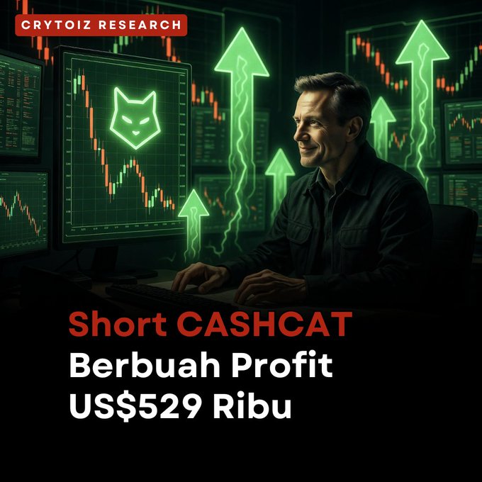 A promotional graphic by CRYTOIZ RESEARCH showing a man at a trading desk with green upward arrows, headlined 'Short CASHCAT Berbuah Profit US$529 Ribu'.