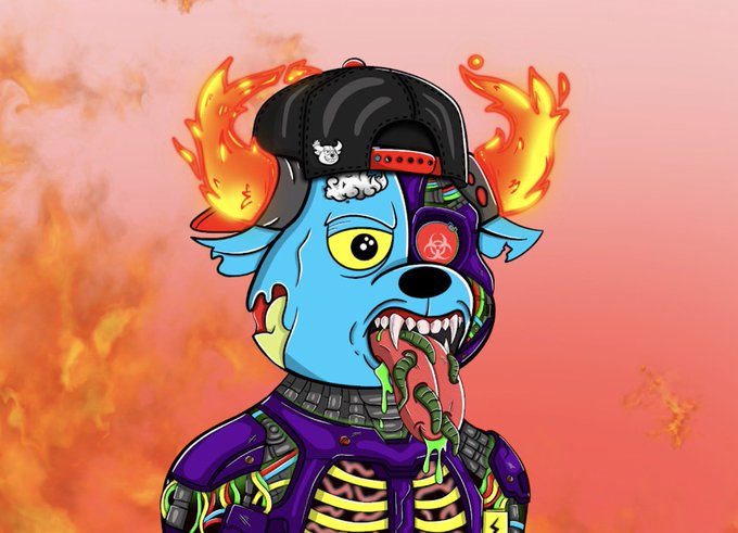 A cartoon illustration of a zombie-like blue dog wearing a black baseball cap and purple jacket with exposed ribcage, featuring biohazard symbols and flames in the background.