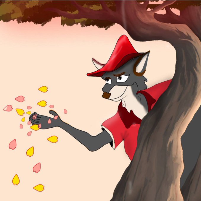 An anthropomorphic wolf character wearing a red hat and cape sits beneath a tree, gently catching falling pink and yellow petals in their hand, illustrating the whimsical "Outlanders" NFT collection being given away by @outlandersonrh.
