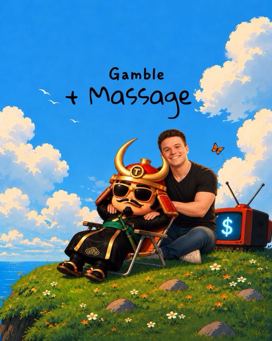 The image shows a man posing with a cartoonish samurai-like character wearing a horned helmet and sunglasses, sitting in a chair with a TV displaying a dollar sign, under the text "Gamble + Massage" in a bright, illustrated sky setting—matching the post's amused reaction to this surreal AI-generated art.