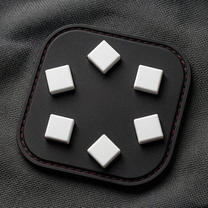 A close-up image of a six-sided die viewed from above, showing five white pips arranged in a quincunx pattern on a black leather-textured square surface with red stitching along the rounded edges, set against a gray fabric background.