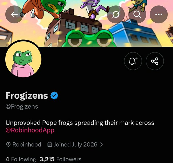 A Twitter/X profile for 'Frogizens' (@Frogizens) with a Pepe the Frog avatar, describing it as 'Unprovoked Pepe frogs spreading their mark across @RobinhoodApp', joined July 2026.
