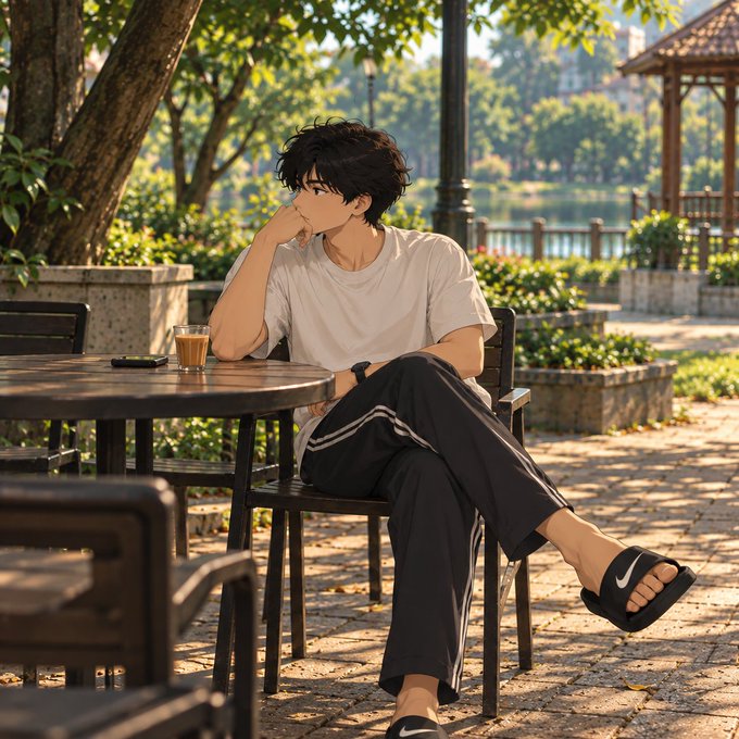 An anime-style illustration of a young man in a white t-shirt, black pants, and Nike slides sitting at a wooden table in a park by a lake, drinking an iced beverage.