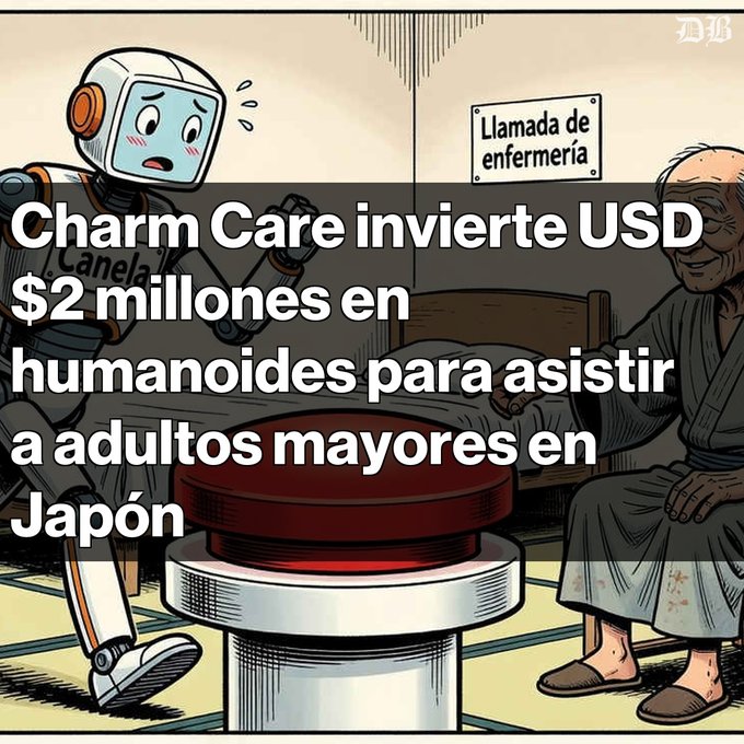 An illustration of a worried robot assisting an elderly person near a sign reading 'Llamada de enfermería,' overlaid with Spanish text: 'Charm Care invierte USD $2 millones en humanoides para asistir a adultos mayores en Japón'.