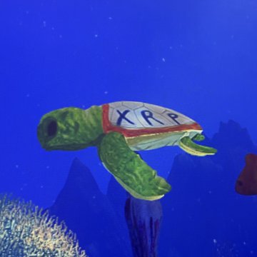 A sea turtle adorned with a shell featuring "XRP" alongside the Ripple logo swims through an underwater scene, visually merging the cryptocurrency branding with the marine creature as a playful nod to the post's "XRP TURTLE! DOES IT LOOK LIKE QUANTUM JUMP?" comment.