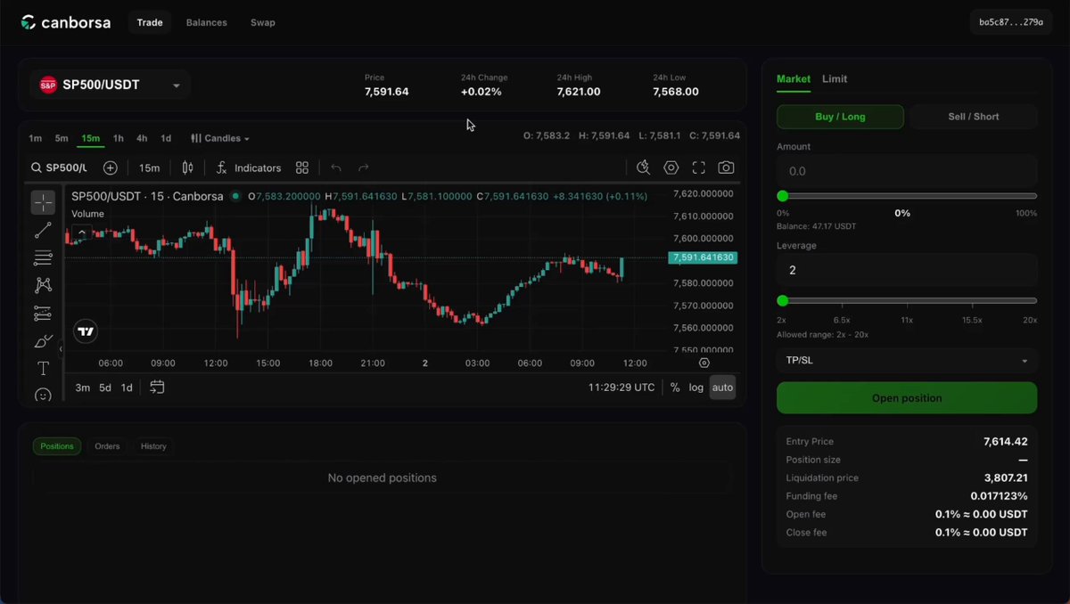 The image showcases an overview of trading software called "Canborsa DEX" displayed in a website window, which focuses on delivering a clean, intuitive, and seamless experience for users engaging with tokenized stocks, commodities, and crypto offerings within the DEX system. The screenshot highlights the interface's user-friendly design and its potential benefits when compared to traditional manual trading strategies. It is worth noting that this advanced software can provide a superior trading experience due to its ability to handle multiple investment types in parallel through leverage.