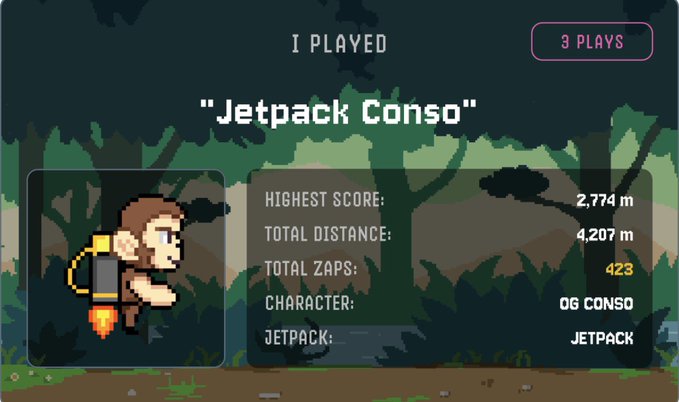A pixel-art game stats screen for "Jetpack Conso" displays 3 plays, with a highest score of 2,774 m, total distance of 4,207 m, and 423 total zaps collected using the OG Conso character. The image showcases the gameplay results, aligning with the newly launched jetpack campaign on @Conso_xyz.