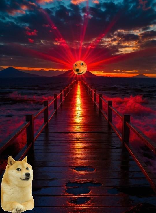 A Shiba Inu (Doge) sits beside a wooden pier stretching toward a glowing sunset, with the Doge/moon logo radiating red beams in the sky—perfectly matching the "Good morning dogecoin family 🚀" post to symbolize Dogecoin's journey to the moon.