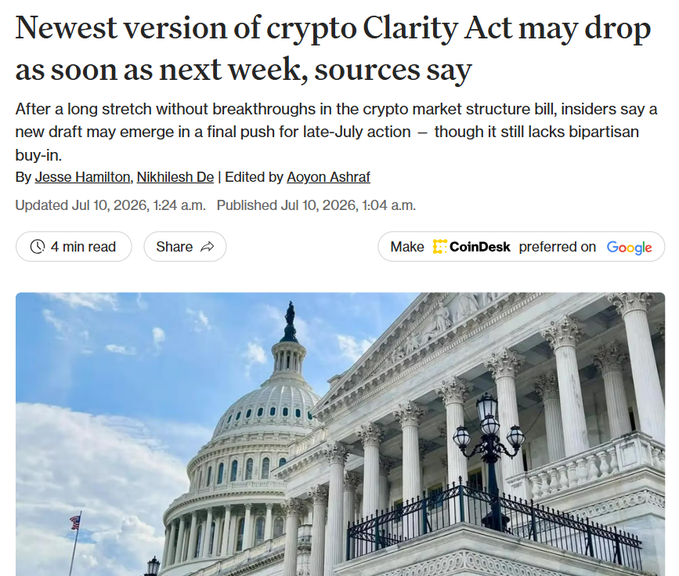 A CoinDesk article dated July 10, 2026, headlined "Newest version of crypto Clarity Act may drop as soon as next week, sources say," accompanied by an image of the U.S. Capitol building, tying the legislative news to the seat of U.S. lawmaking where the bill would be considered.
