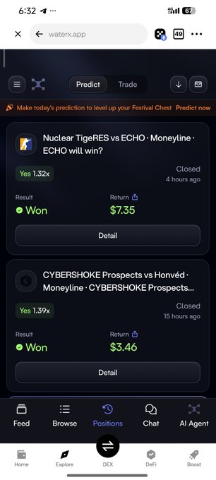 A mobile screenshot from a prediction app showing winning bets including 'Nuclear TigRES vs ECHO' with a return of '$7.35' and 'CYBERSHOKE Prospects vs Honved' returning '$3.46', both marked 'Yes' and 'Won'.