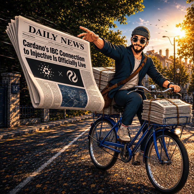 A digital illustration of a man riding a blue bicycle down a cobblestone street while carrying stacks of newspapers, with a large 'DAILY NEWS' headline reading 'Cardano's IBC Connection to Injective Is Officially Live'.