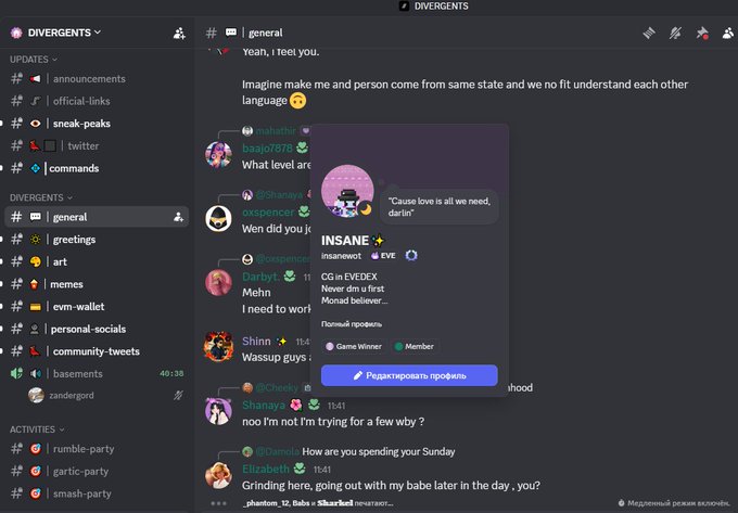 A Discord screenshot from a server called 'DIVERGENTS' showing a chat conversation in a general channel with user profiles and Russian text on a 'Редактировать профиль' button.