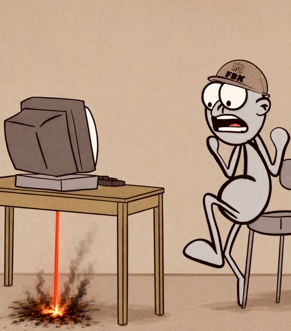 A cartoon man wearing an "FBK" cap screams in shock while watching a CRT TV burn a hole through a wooden desk with a laser beam, illustrating the painful lesson of losing over $40K USDT in futures trading and ending up with nothing.