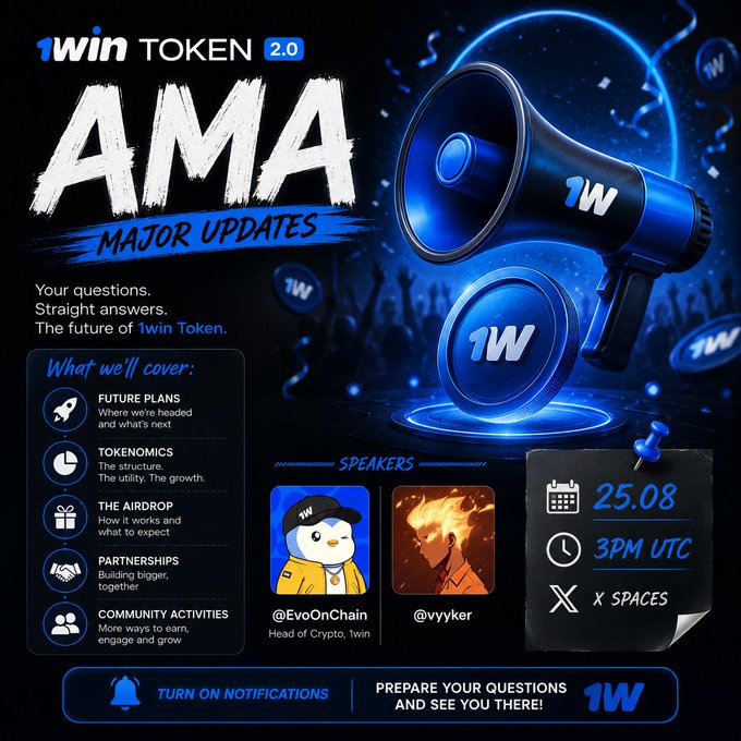A promotional graphic for a 1win Token 2.0 AMA event on X Spaces scheduled for 25.08 at 3PM UTC, featuring speakers @EvoOnChain (Head of Crypto, 1win) and @vyker, covering topics like future plans, tokenomics, the airdrop, partnerships, and community activities.
