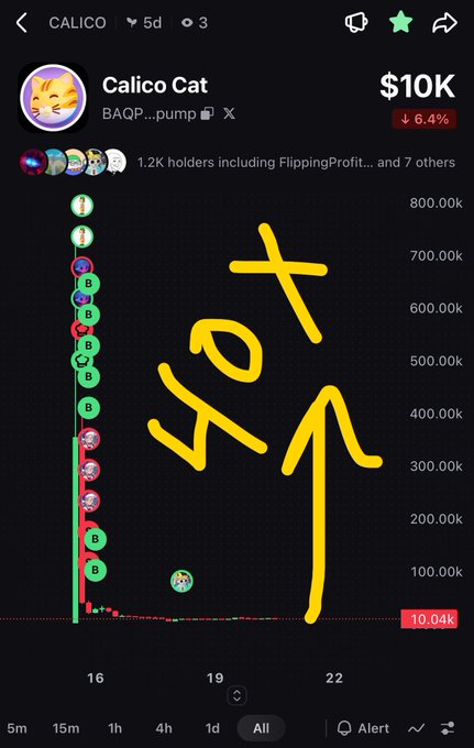 A cryptocurrency chart showing the 'Calico Cat' token at $10K, down 6.4%, with a dramatic price spike and drop and a hand-drawn yellow 'SOT' arrow highlighting the crash.