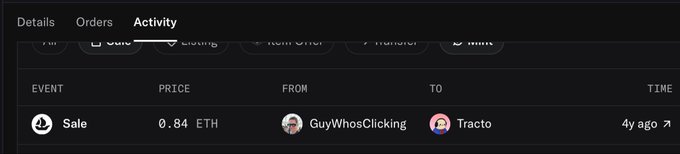 A marketplace activity log displays a NFT sale of "Sappy Seals" transferred from "GuyWhosClicking" to "Tracto" for 0.84 ETH approximately 4 years ago, commemorating the user's anniversary of adopting the Sappy Seals profile picture as their web3 identity.
