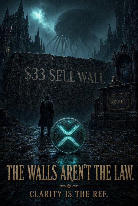 A dark, gothic-style poster featuring a figure facing a wall labeled '$33 SELL WALL' with an XRP logo, accompanied by the text 'THE WALLS AREN'T THE LAW. CLARITY IS THE REF.'