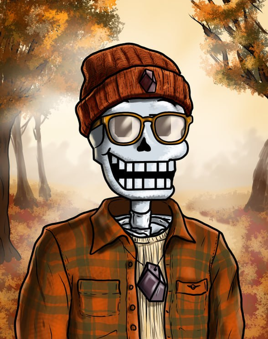 A cartoon illustration of a skeleton character wearing a brown beanie, sunglasses, and an orange plaid shirt with dog tags, set against an autumn forest background.