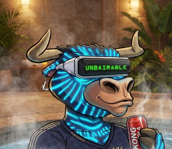 Digital artwork of a glowing blue and black horned bull character wearing a VR headset labeled 'UNBAIRABLE' and holding a can of 'KONG' cola in a steamy spa setting, with a small bull tag charm.