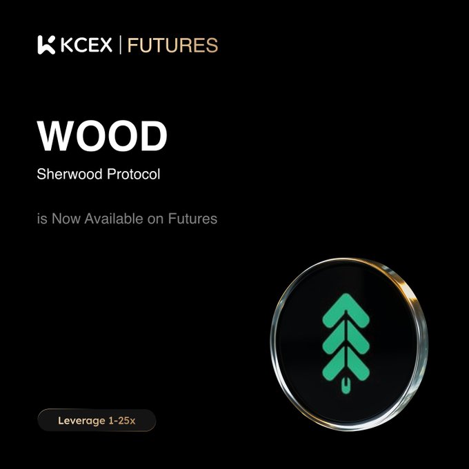 A promotional graphic for KCEX Futures announces the listing of WOOD (Sherwood Protocol) as a new USDT-M perpetual futures contract, available with up to 25x leverage, accompanied by a stylized green tree icon on a black background.