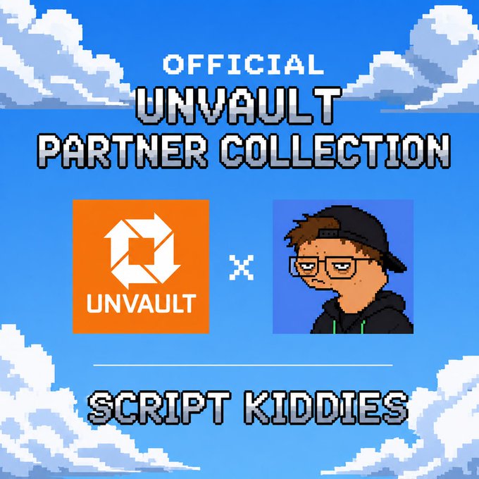 Pixel art style promotional graphic announcing "OFFICIAL UNVAULT PARTNER COLLECTION" for "SCRIPT KIDDIES," featuring the orange UnVault logo alongside a cartoon avatar of a person wearing glasses and a backward cap, set against a blue sky with clouds background.