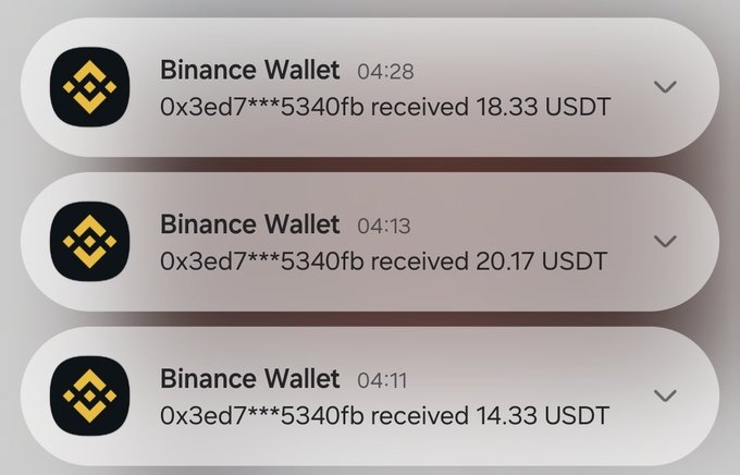 Three notification popups from Binance Wallet showing incoming USDT transactions to address 0x3ed7***5340fb, receiving 14.33, 20.17, and 18.33 USDT.