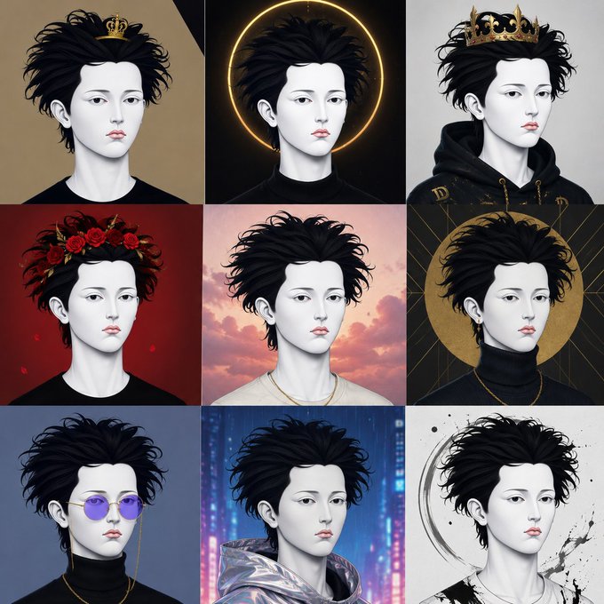 A 3x3 grid of nine digital portraits featuring the same character with messy black hair, wearing various items like crowns, sunglasses, and hoodies across different backgrounds.