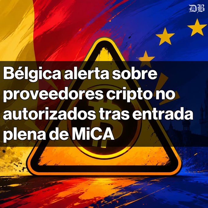 A news graphic with Belgian and EU flag colors in the background, featuring a warning triangle and Spanish text reading 'Bélgica alerta sobre proveedores cripto no autorizados tras entrada plena de MiCA'.