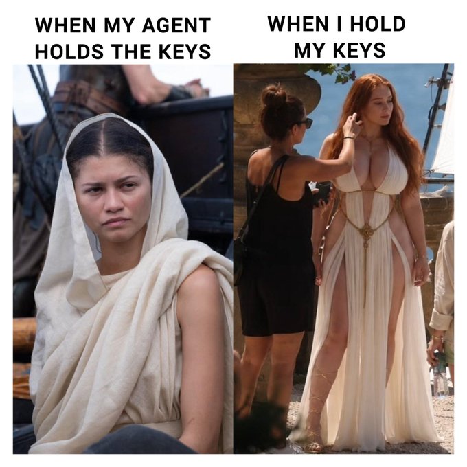 A meme comparing 'WHEN MY AGENT HOLDS THE KEYS' (showing Zendaya in a hooded robe) versus 'WHEN I HOLD MY KEYS' (showing a woman in a revealing white dress on set).