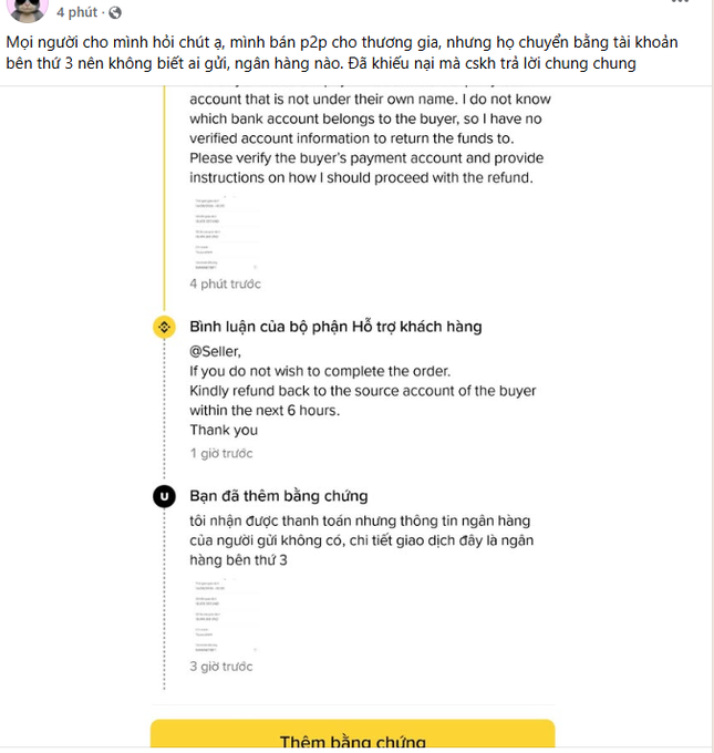 The image shows a Vietnamese Facebook post about a P2P crypto seller seeking help with a dispute where the buyer allegedly sent payment from a third-party bank account, along with a customer support response advising the seller to refund the original payment account. The accompanying post highlights the risk of releasing cryptocurrency before confirming the legitimacy of the funds, as money hitting the account doesn't guarantee it's safe to release the coins.