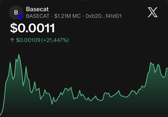 A price chart shows the Basecat (BASECAT) token at $0.00011 with a market cap of $1.21M, up 21,447% (+$0.00109). The post highlights the remarkable gain, noting it's the first time something like this has been seen on Base, which aligns with the massive percentage increase displayed on the token's chart.