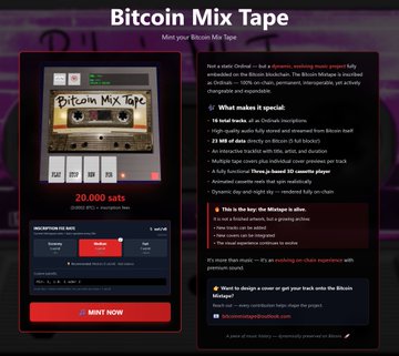 The image promotes "Bitcoin Mix Tape," an Ordinals inscription project featuring a retro cassette tape artwork priced at 20,000 sats, with minting available at mintnow.bitcointape.com. The satirical juxtaposition with the post "BIP-110 is an attack on Bitcoin" mocks the debate around BIP-110 by framing it as a disruptive force, suggesting that even amid protocol controversies, playful Ordinals collectibles continue to capture community attention and funds.