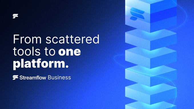 A promotional graphic for Streamflow Business featuring the tagline "From scattered tools to one platform," with stacked 3D blue blocks on the right side, visually representing the consolidation of multiple token management functions into a single unified solution.