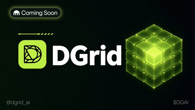 A dark promotional graphic announcing "Coming Soon" for $DGAI (@dgrid_ai), featuring the DGrid logo in white next to a glowing green 3D cube structure, with the ticker "$DGAI" displayed in the bottom right corner—visually teasing the upcoming launch of the decentralized AI inference network.