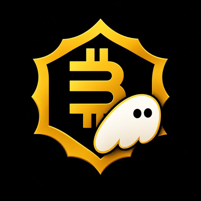A golden shield emblem featuring the Bitcoin '₿' symbol on a black background with a small ghost character overlay.
