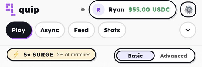 A screenshot of the Quip platform showing user "Ryan" with a $55.00 USDC balance, featuring navigation tabs for Play, Async, Feed, and Stats, along with a "5× SURGE - 2% of matches" indicator and Basic/Advanced toggle.