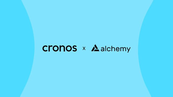 The image displays a partnership announcement featuring the "cronos" and "alchemy" logos side-by-side with an "x" between them, set against a light blue background with darker blue curved accents. It visually represents the collaboration announcement, showing the two brands joining forces as Alchemy's RPC and gasless transaction infrastructure launches on the Cronos network.