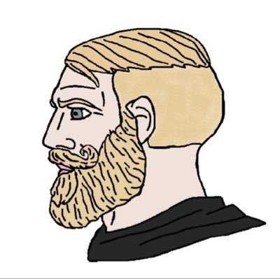 A profile illustration of a bearded man with blonde hair wearing a dark shirt, rendered in a bold, graphic art style.
