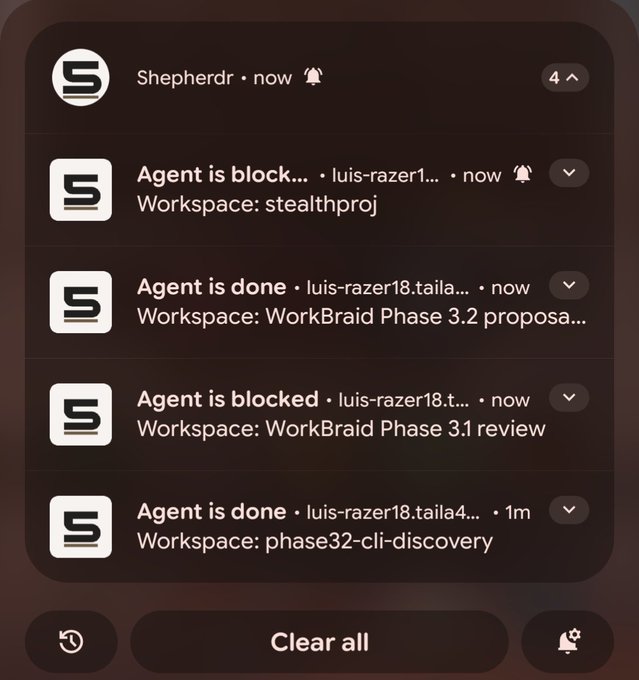 A mobile notification panel from 'Shepherdr' showing multiple alerts about agents being 'blocked' or 'done' across various workspaces like 'stealthproj' and 'WorkBraid Phase 3.2 proposal' with a 'Clear all' button at the bottom.