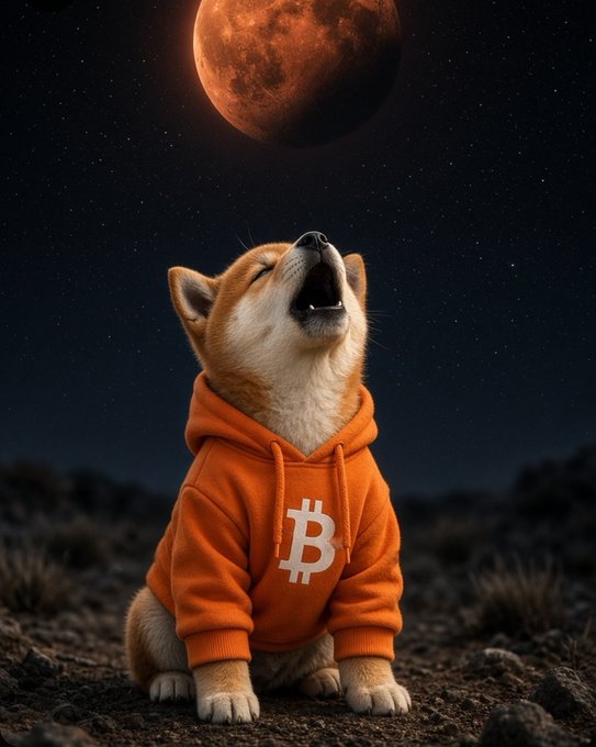 AI-generated image of a Shiba Inu dog wearing an orange Bitcoin hoodie, howling at a blood moon against a starry night sky.