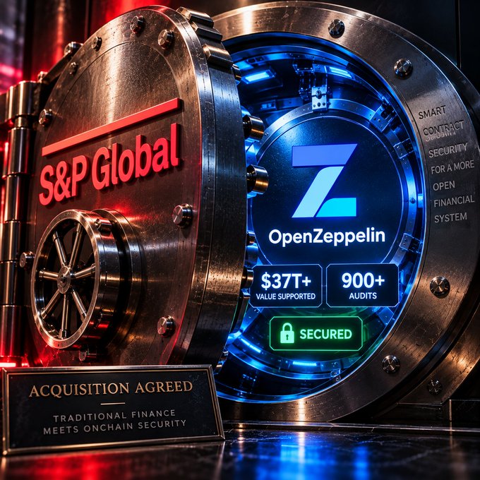 A digital rendering depicts a massive steel bank vault emblazoned with "S&P Global" in red lettering on its open door, with the "OpenZeppelin" logo and metrics ($37T+ value supported, 900+ audits) glowing on the vault's interior alongside a "SECURED" padlock and "SMART CONTRACT SECURITY" inscription, visually symbolizing S&P Global's acquisition agreement to bring OpenZeppelin's blockchain security infrastructure into traditional finance.