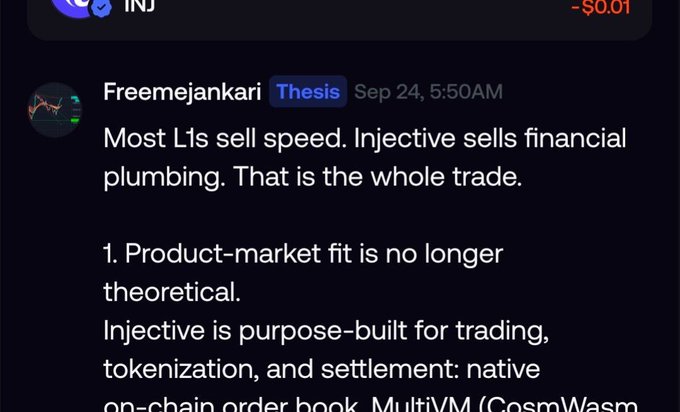 A Discord screenshot shows a post from user 'Freemejankari' with a 'Thesis' badge stating: 'Most L1s sell speed. Injective sells financial plumbing. That is the whole trade.'