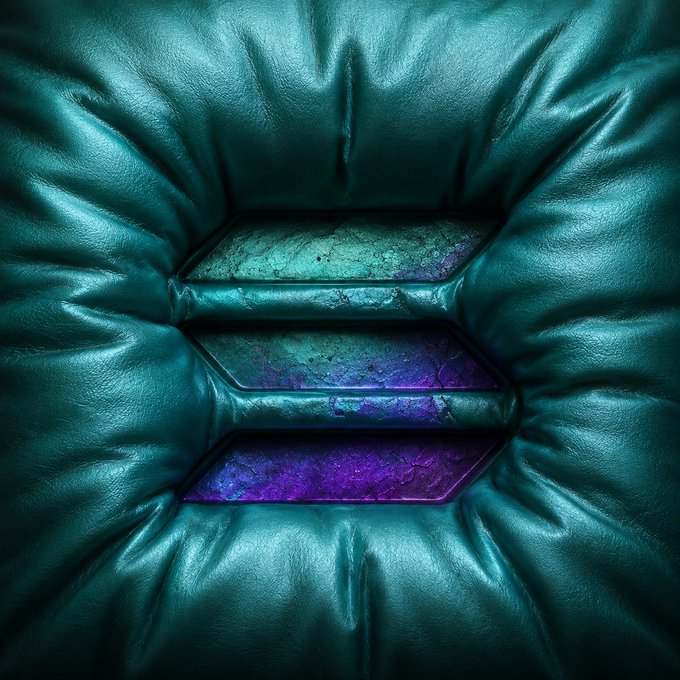 A stylized 3D render of a teal-green cushioned opening or vent with metallic purple and green textured panels visible inside.
