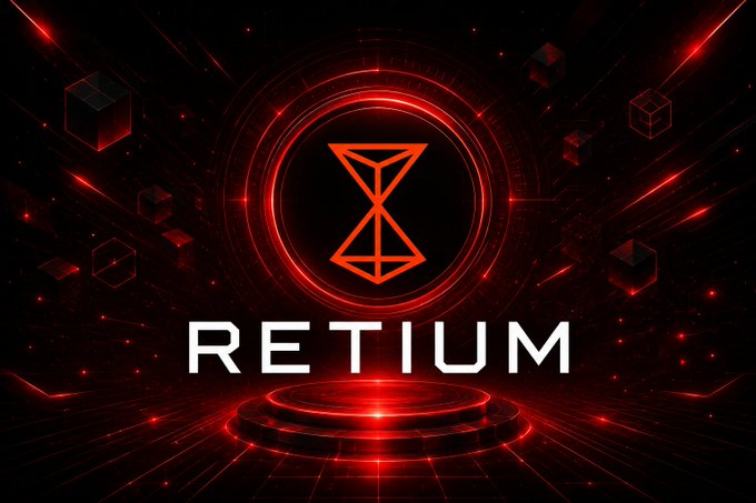 A red and black graphic with geometric designs and an hourglass-like symbol features the word 'RETIUM' in white text.