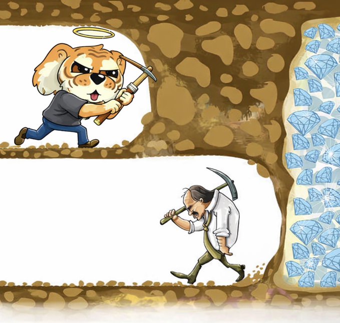 An animated illustration of a dog character with a halo mining diamonds while an exhausted miner digs below.