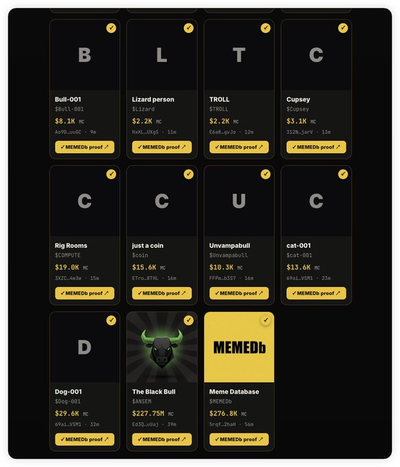 A MEMEDb marketplace display showing various meme coin tokens including Bull-001, Lizard person, TROLL, Cupsey, Rig Rooms, just a coin, Unvampabull, cat-001, Dog-001, The Black Bull, and the Meme Database, with prices ranging from $8.1K to $276.8K and MC (market cap) tags.