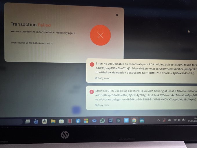 A laptop screen displays a 'Transaction Failed' error with two Cardano wallet error messages: 'Error: No UTxO usable as collateral (pure ADA holding at least 5 ADA) found' related to delegation.