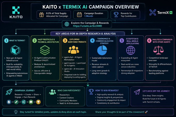 An infographic titled 'KAITO x TERMIX AI CAMPAIGN OVERVIEW' outlines a research campaign with details including '0.3% of Total Supply Allocated for Campaign', '1 Month Campaign Duration', and six key research areas such as 'WHAT IS TERMIX?' and 'AACP PROTOCOLS & TECHNICAL ARCHITECTURE'.